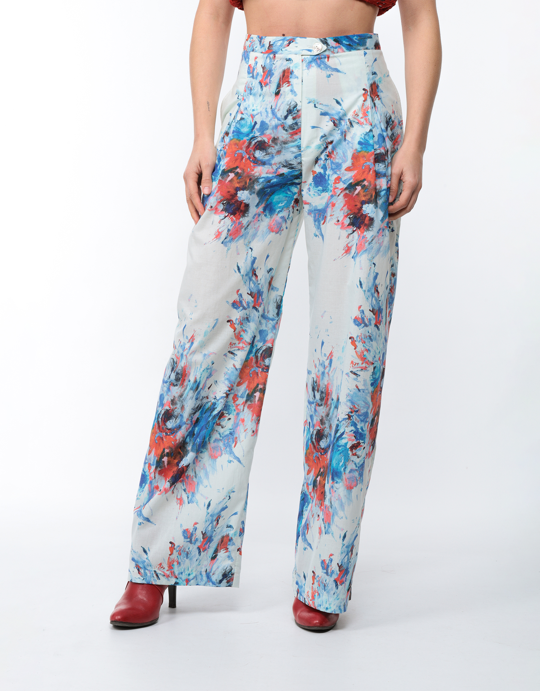 Floral printed cotton veil pleated trousers